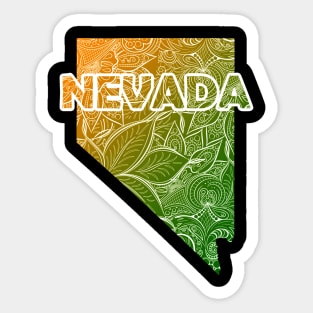 Colorful mandala art map of Nevada with text in green and orange Sticker